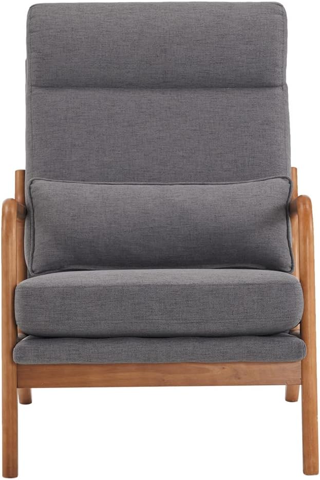 Accent Chair Modern Linen Upholstered Armchair Lounge Chair with Solid Wood Frame and 1 Pillow Comfy Single Sofa Chair Leisure Reading Chair with High Back &amp Armrest for Living Room Bedroom Dark G