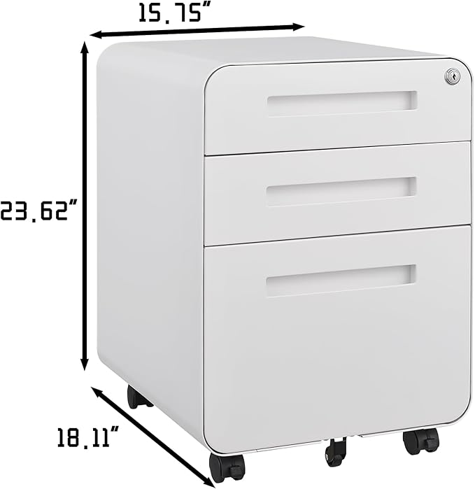 Office Pedestal File Cabinet: Lockable Compact Storage Solution for Home Office - Under Desk Cabinet with Removable Pencil Tray Hanging Bar and 5 Utility Wheels (White)