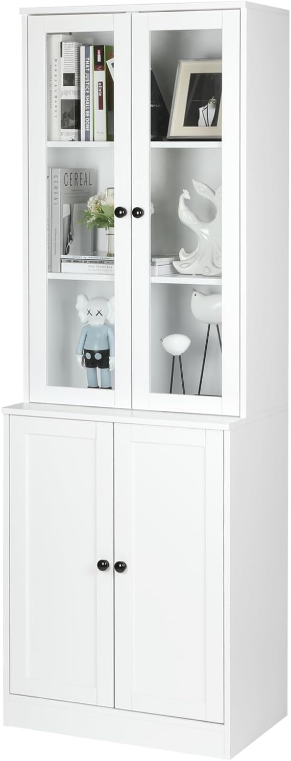 VOWNER Vertical File Cabinet 3-Tier Modern Bookshelf with 3 Large Drawer Wood Filing Cabinet with Open Storage Shelf Glass Doors and Adjustable Shelves for Home Office White (B)