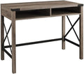Pemberly Row 42 in Modern Metal and Wood Desk Gray Wash Finish 2 Storage Cubbies with Cord Management Industrial Corner Brackets and X Accents Rustic Farmhouse Style Home Office Writing Desk
