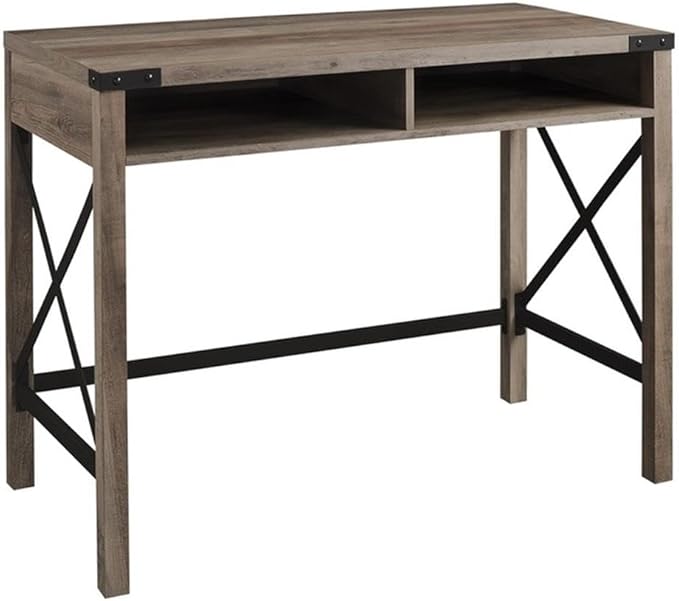 Pemberly Row 42 in Modern Metal and Wood Desk Gray Wash Finish 2 Storage Cubbies with Cord Management Industrial Corner Brackets and X Accents Rustic Farmhouse Style Home Office Writing Desk