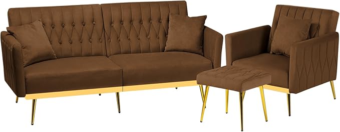 2 Pieces Velvet Sofa Set with Adjustable Armrest and Backrest 70” Convertible Futon Sofa Bed &amp Mordern Accent Chair with Ottoman for Living Room Bedroom Brown