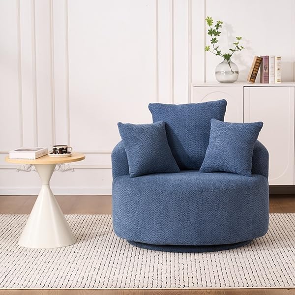 Modern 39 Swivel Barrel Chair Comfy Boucle Upholstered Accent Chair with 360° Rotation Single Sofa with 3 Pillows Ergonomic Design for Living Room Bedroom Office Antique Blue