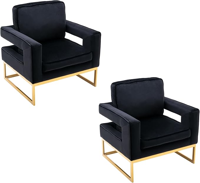 HEAH-YO Modern Accent Chairs Set of 2 Comfy Upholstered Living Room Chairs with Armrests and Golden Metal Legs Modern Side Chairs for Living Room Bedroom Black