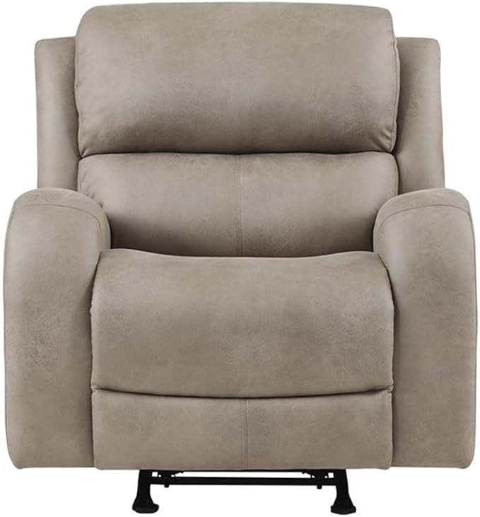 Pemberly Row Rocker Reclining Chair 40H x 38W x 38D Polished Microfiber Upholstery Brown Finish Padded Seat and Back Tab Pull Recliner Gentle Rocking Motion Transitional Living Room Seating