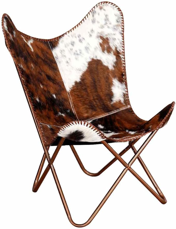 YAFF Brown &amp White Cowhide Leather Butterfly Chair – Ergonomic Comfort Iconic Style Lightweight &amp Durable Powder-Coated Iron Frame Perfect for Living Room Relaxation