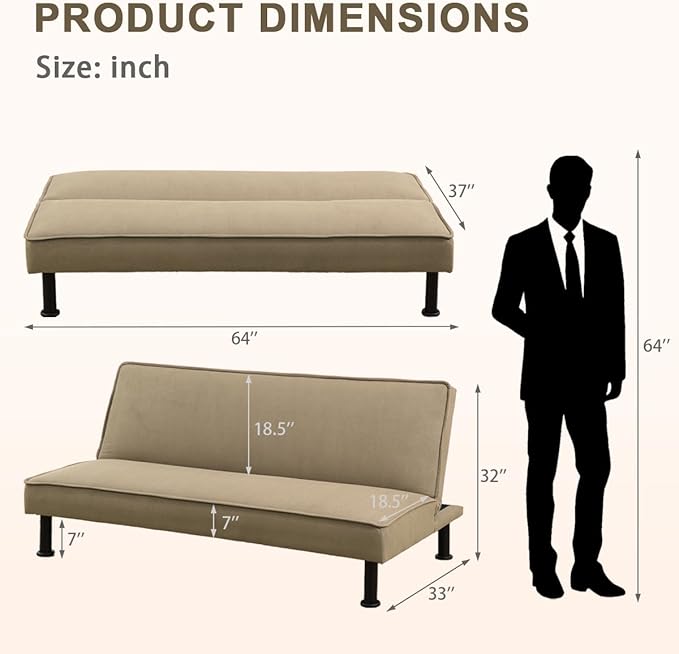 Convertible Futon Sofa Bed Modern Sleeper Couch Sofabed Reversible Recliner Sofa with 3 Adjustable Positions for Living Room Studio Apartment Office Small Space 64 x 33 x 32in.