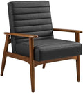 Modway Jensen Vegan Leather Accent Chair in Walnut Black - Mid-Century Modern Armchair with Solid Wood Legs &amp Armrest - Upholstered Faux Leather Single Side Chair - Reading Chair for Living Room