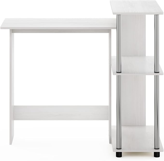 Furinno Abbott Corner Computer Desk with Bookshelf White Oak/Chrome