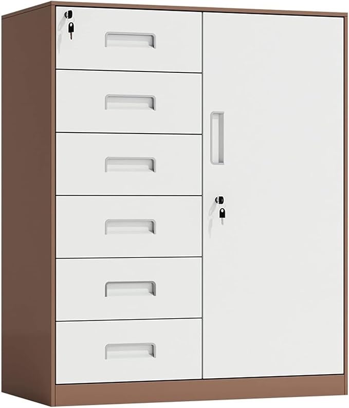 File Cabinet with Lock 6-Drawer Low Cabinet Side Cabinet Office Steel Filing Cabinet Coffee Color Under Desk Storage