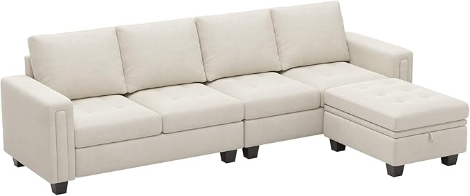 Belffin Velvet Reversible Sectional Sofa with Chasie Convertible L Shaped 4-seat Sectional Couch with Storage Ottoman Beige
