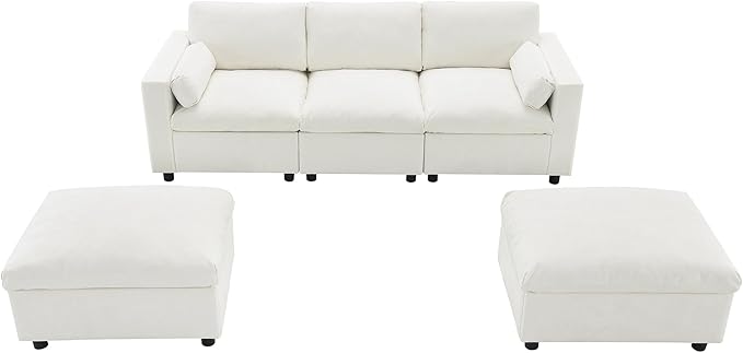 kevinplus 86.5'' Sectional Sofa Couch with Ottoman for Living Room Modern Contemporary 3-Seat Sectional Sofa Couch for Apartment Chenille Fabric Beige