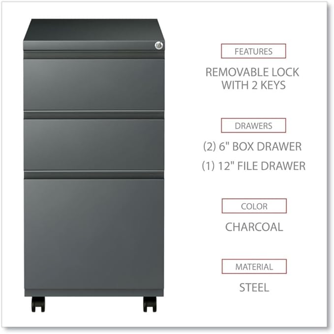 Alera PBBBFCH Three-Drawer Metal Pedestal File w/Full-Length Pull 14 7/8 x 19 1/8 Charcoal