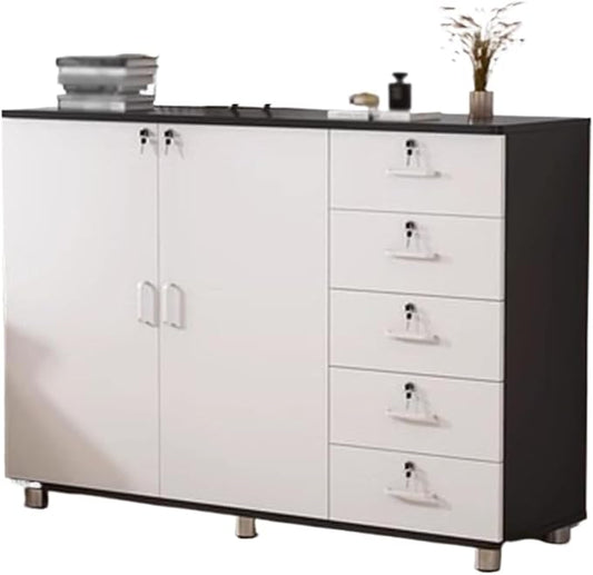 File Cabinet 5 Drawers Plus Storage Cabinet with Lock Office Filing Short Cabinet Storage Files Under Desk Storage(Color:Black+White)