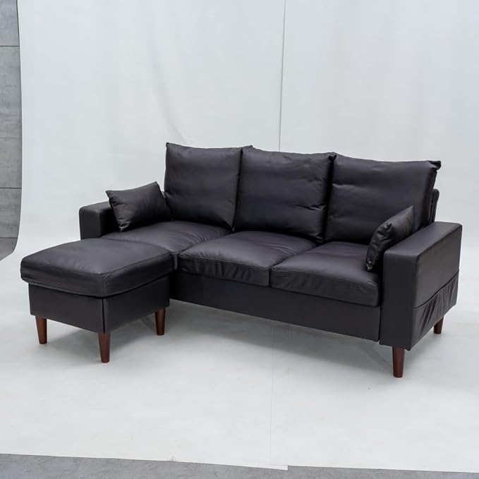 Panana Sectional Sofa Modern Deep 3-Seat Sofa Couch with Ottoman Upholstered Furniture for Living Room Apartment Studio Office (Black Artificial Leather Track Arms)