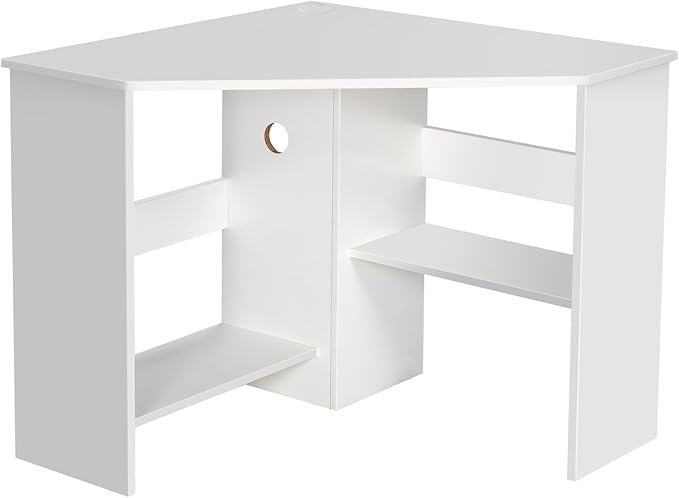 Tangkula White Corner Desk - 90 Degrees Triangle for Computer Small Space Bedroom Makeup Vanity Desk with Storage Shelves &amp CPU Stand Space Saving Writing Desk