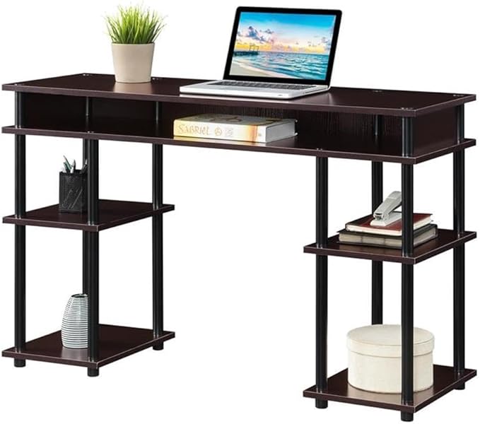 Pemberly Row No-Tools Student Desk 47.25 in x 15.75 in x 30 in Espresso Wood Finish Particleboard Shelves Stainless Steel Legs Easy Assembly Modern Style for Home Office or Dorm Use