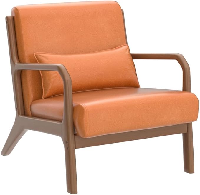 Glitzhome 30 H Mid Century Yellowish Brown Accent Armchair Single Reading Sofa PU Leather Lounge Chair with Walnut Ruberwood Frame for Livingroom or Office