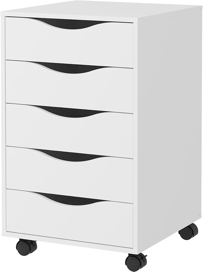 QDSSDECO 5 Drawer Chest Wood File Cabinet Rolling Storage Dresser with Wheels for Home Office White
