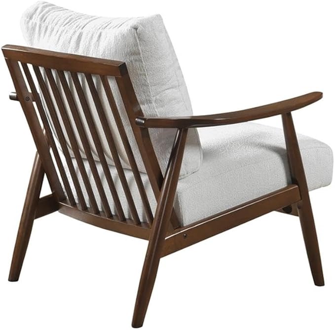 Pemberly Row Mid-Century Textured Fabric Accent Chair Beige Upholstery Rubberwood Frame Foam Padding Reversible Cushions Tapered Legs Versatile Living Room or Bedroom Seating