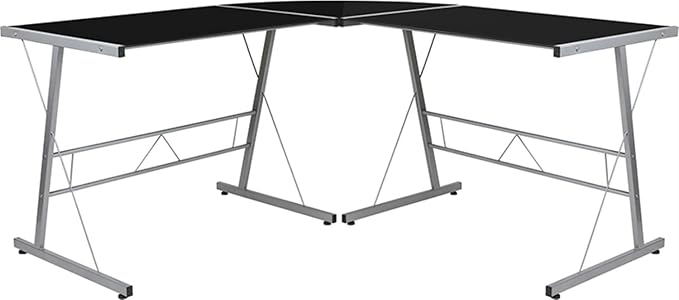 Flash Furniture Black Glass L-Shape Corner Computer Desk with Silver Metal Frame