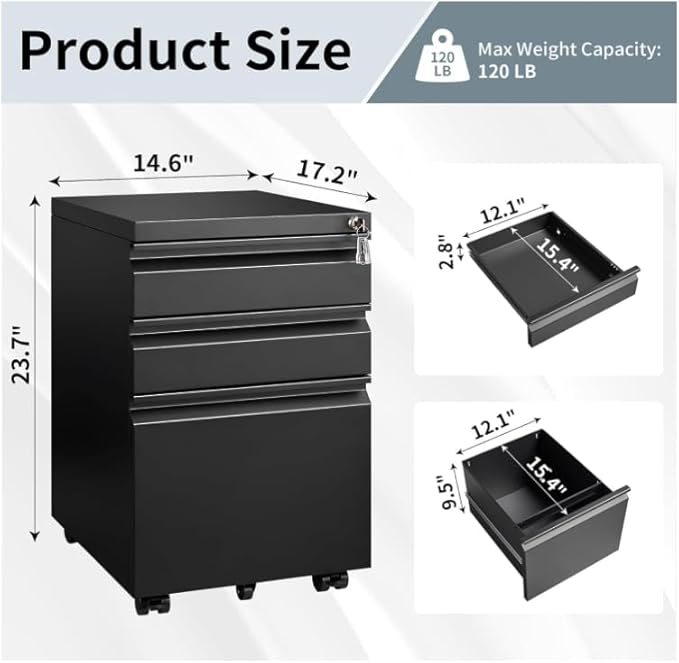3 Drawer File Cabinet with 4 Wheels Capacity 120 Lb Locking File Cabinet- for A4 Letter-Head Legal-Size Folders - for Office&ampStudy Black