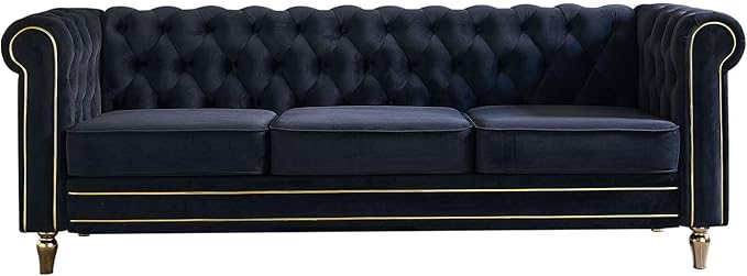 KEVINSPACE 84.64 Velvet Sofa Couch Upholstered Button Tufted 3-Seater Sofa with Curved Armrest Modern Chesterfield Curved Sofa for Livingroom Bedroom Furniture ApartmentBlack
