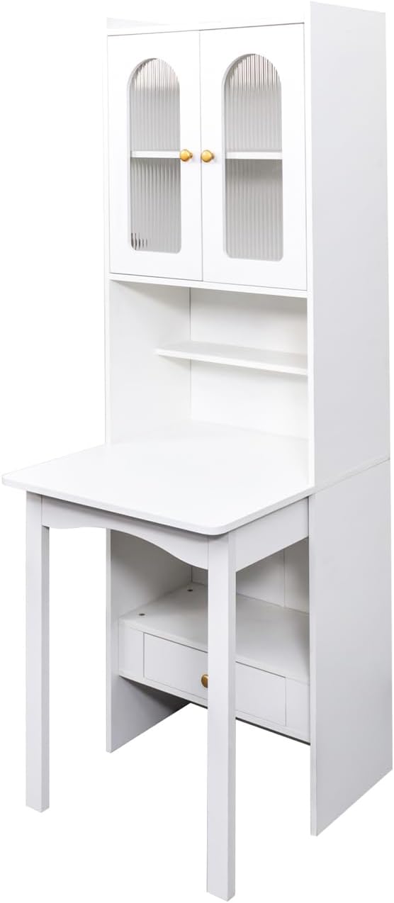 Hideaway Fold Out Home Office Desks Folding Desk with Storage Shelves &amp Drawers Convertible Murphy Desk Cabinet with Bookcase for Small Space Work Study Room (White)