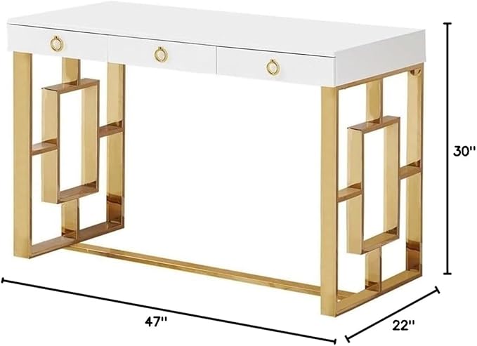 Best Master Furniture Barento 47 White Gloss Rectangular Computer Desk with 3 Drawers and Ring Handles Stainless Steel Sled Base Contemporary Office Desk for Home Study or Workspace (Gold)