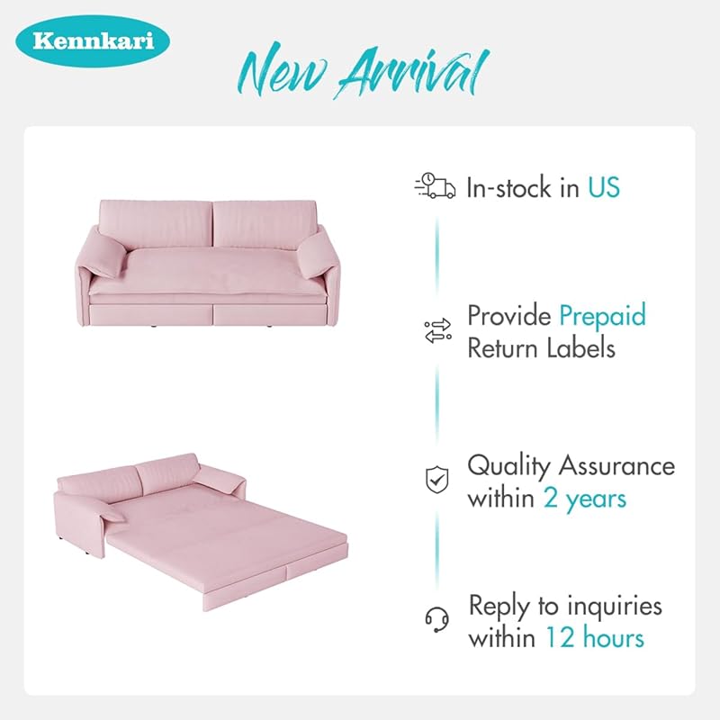 66 Queen Size 3-in-1 Convertible Pull Out Sofa Bed with Side Storage for Small Spaces Multi-Functional Velvet Sleeper Sofa with Wheels for Living Room and Bedroom (Pink)