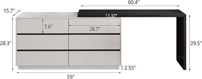 59 Adjustable L-Shaped Vanity Desk with 6 Storage Drawers Extendable Makeup Table for Bedroom Modern Dressing Table for Bedroom Apartment or Home Black and White