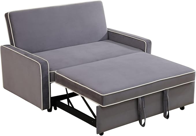 3-in-1 Convertible Sofa Sleeper Bed 2-Seat Comfy Lounge Loveseat with Adjustable Backrest Flannel Pull Out Fabric Lazy Couch Chaise Perfect for Home Apartment Dorm Office Living Room Gray