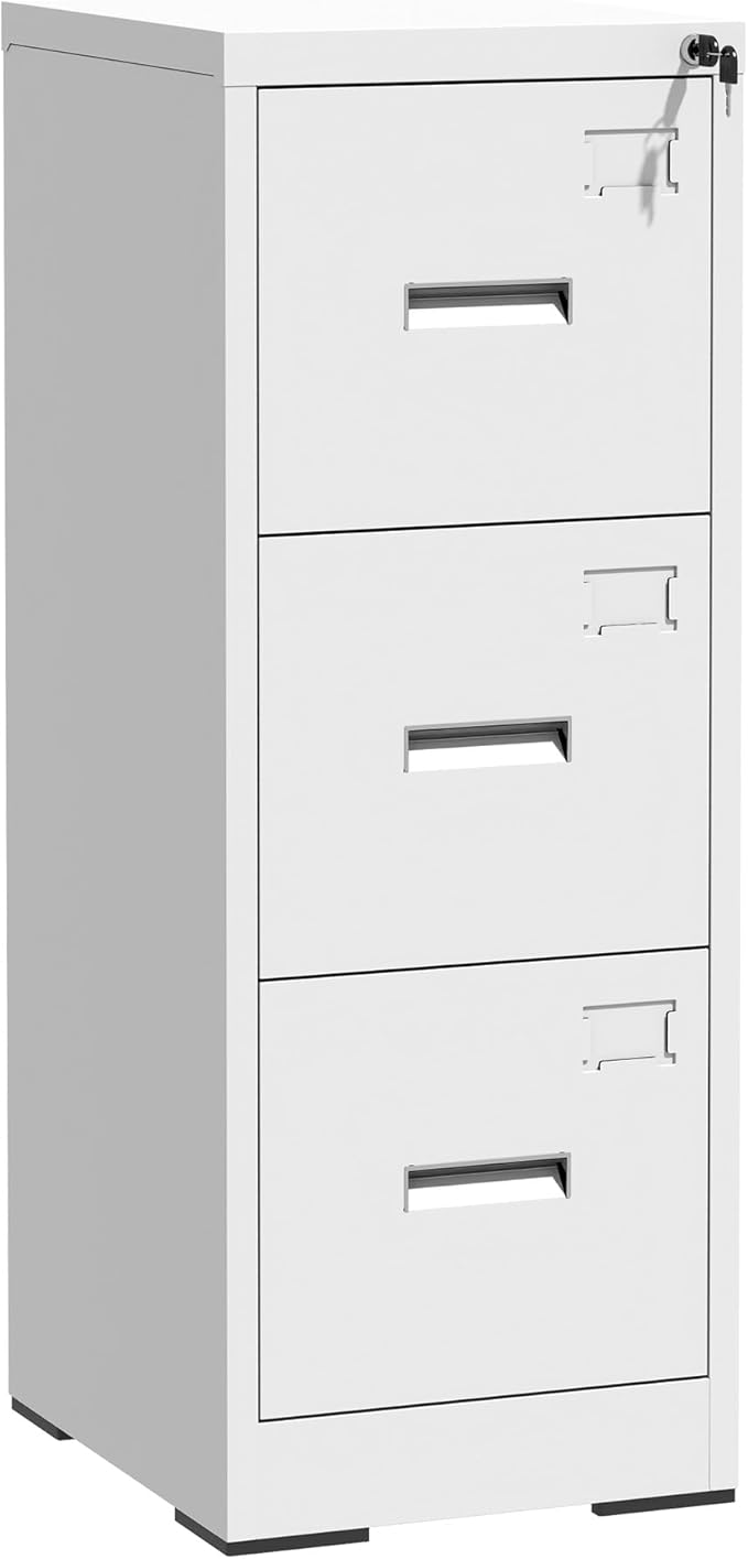 3 Drawer Metal Vertical File Cabinet with Lock and Card SlotOffice Home Vertical Filing Cabinets for A4 Legal/Letter Size Narrow File Cabinet LockedAssembly RequiredWhite