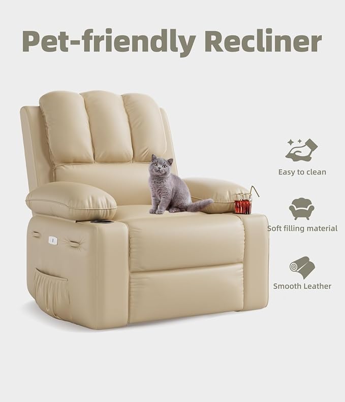 Power Recliner Chair for Adults with Massage and Heat Swivel Oversized Leather Recliner Chair with USB Ports &amp Side Pockets for Living Room (22 Medium-Seat WidthBeige)