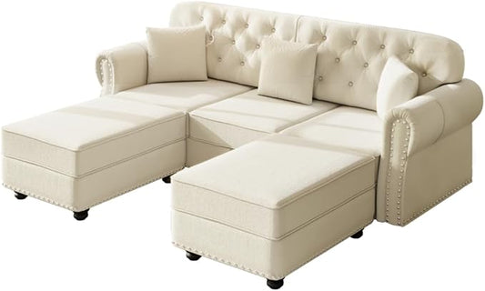 Beige Velvet Sectional Sofa with 2 Matching Ottomans Nailhead Trim &amp Rolled Arms Mid-Century Modern Chesterfield Couch with 3 Pillows Ideal for Living Room or Apartment