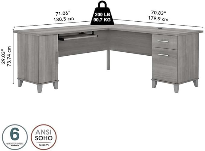BOWERY HILL 72W L Shaped Desk with Storage Engineered Wood Platinum Gray Finish Includes Keyboard Tray File Drawer Box Drawer Adjustable Shelf Home Office Desk