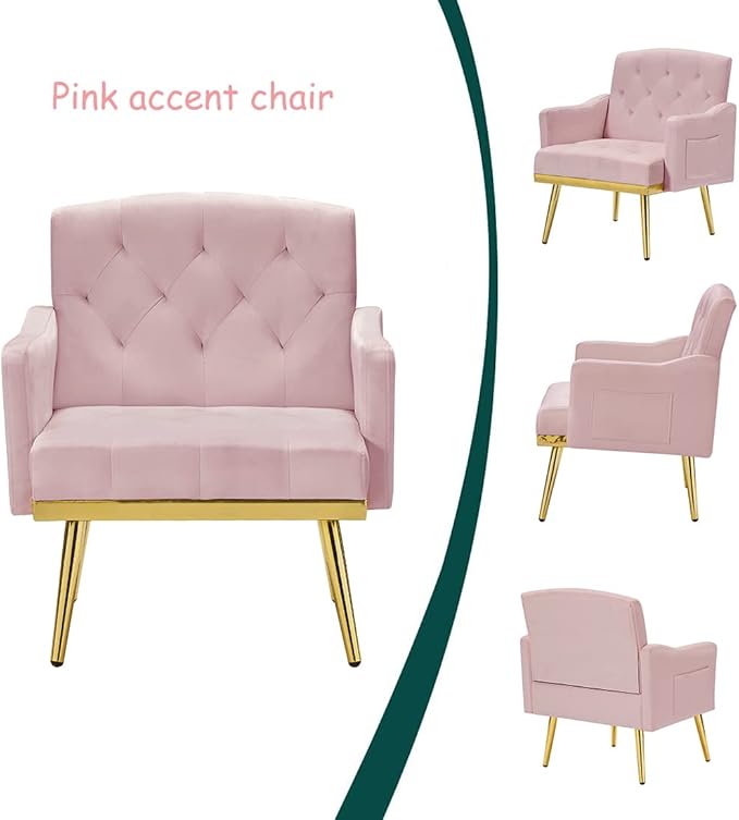 Velvet Tufted Accent ChairModern Upholstered Accent Living Room ChairComfy Armchair with Rose Golden Metal LegsTufted Singe Sofa Chair for Reading or Loungingfor Bedroom Office Decorative (Pink)