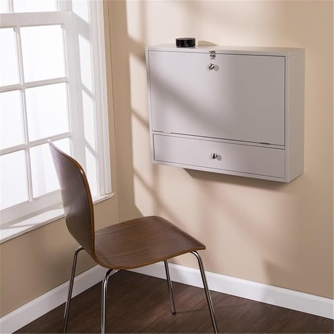BOWERY HILL Modern Wooden Wall Mounted Laptop Desk Warm Gray Finish Engineered Wood Fold-Down Writing Surface Multiple Storage Compartments Corkboard Compact Design for Home Office or Kitchen