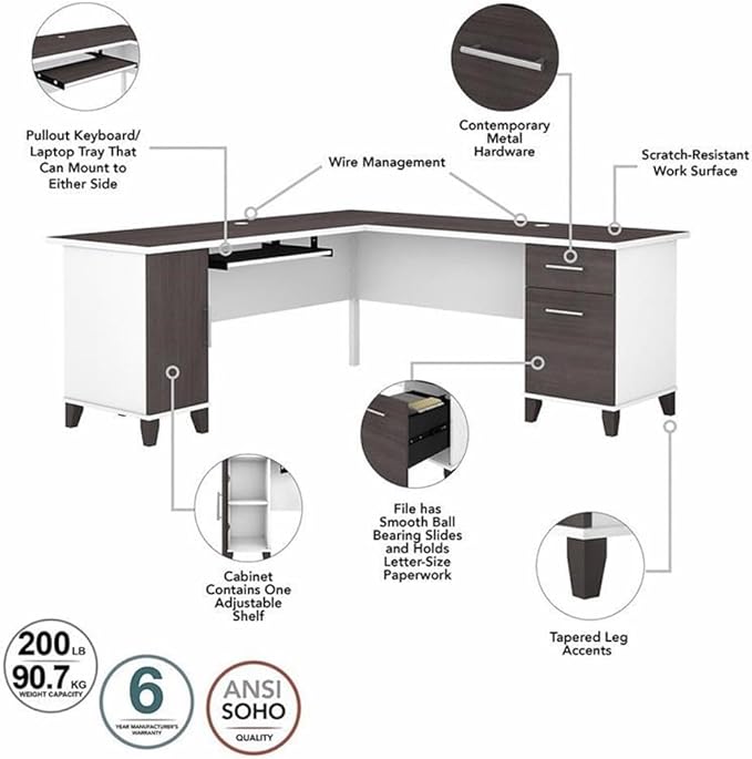 BOWERY HILL 72W L Shaped Desk with Storage Engineered Wood White &amp Storm Gray Finish Wire Management Keyboard Tray File Drawer Adjustable Shelf Home Office or Living Room Use