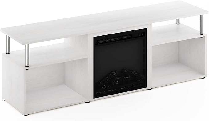 Furinno Jensen Open Storage Fireplace Entertainment Center for TV up to 70 Inch with Stainless Steel Tubes White Oak/Chrome