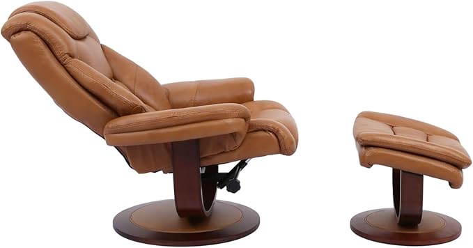 Pemberly Row Stressless Recliner with Ottoman in Brown Leather Manual Swivel Recliner Chair for Living Room Comfort
