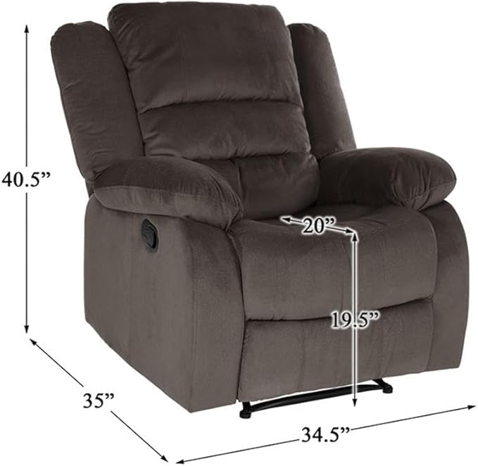 Pemberly Row Transitional Reclining Chair Microfiber Upholstery Chocolate Finish Solid Wood Frame High-Density Foam Padding Manual Tab Pull Recline Plush Living Room Seating 39.5 in H x 37.5
