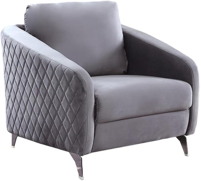 Lilola Home Sofia 36 W Gray Velvet Accent Chair with Silver Legs – Tufted Modern Armchair for Living Room Bedroom or Reading Nook