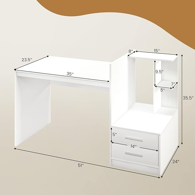 Tangkula White Desk with 2 Storage Drawers &amp Bookshelf Home Office Desk with Corner Bookshelf &amp Printer Stand Small Writing Study Desk for Small Space Modern Vanity Table for Bedroom (White