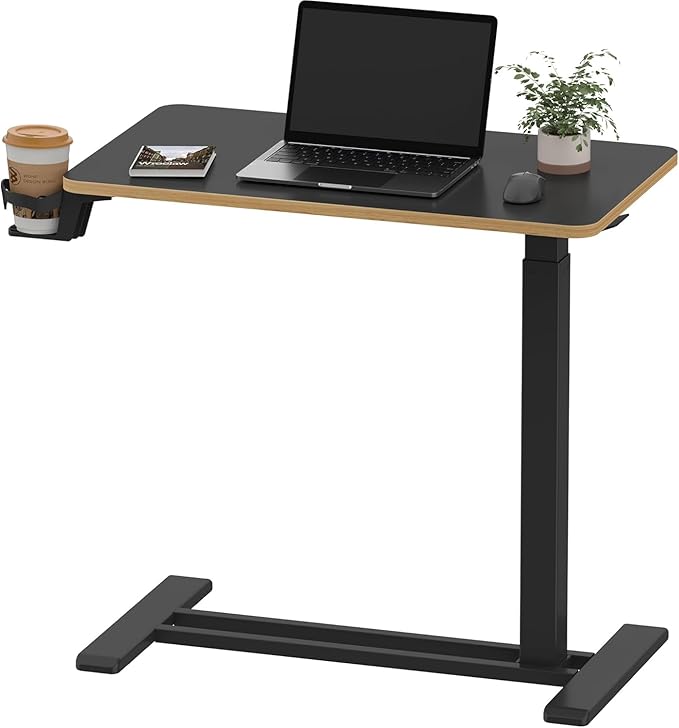 SANODESK Mobile Standing Desk with Hidden WheelsPneumatic Laptop Desk Rolling Computer Cart Movable Height Adjustable Small Sit Stand Desk for Home Office(27.6 W x 15.7 D Black+Maple Band)
