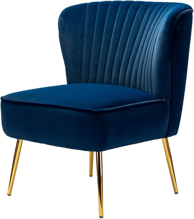 TINA'S HOME Monica Velvet Accent Chair Set of 2 Mid Century Side Chair Comfy Upholstered Living Room Chair with Golden Legs Wingback Armless Slipper Chair for Bedroom Guest Room- Navy Blue