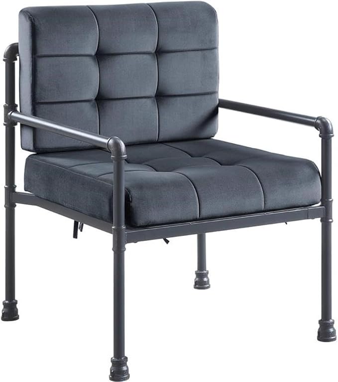 BOWERY HILL Contemporary Accent Chair Gray Velvet Upholstery Sandy Gray Metal Pipe Design Frame Button Tufted Memory Foam Cushions 27 x 29 x 35 in Stylish Living Room or Office Chair