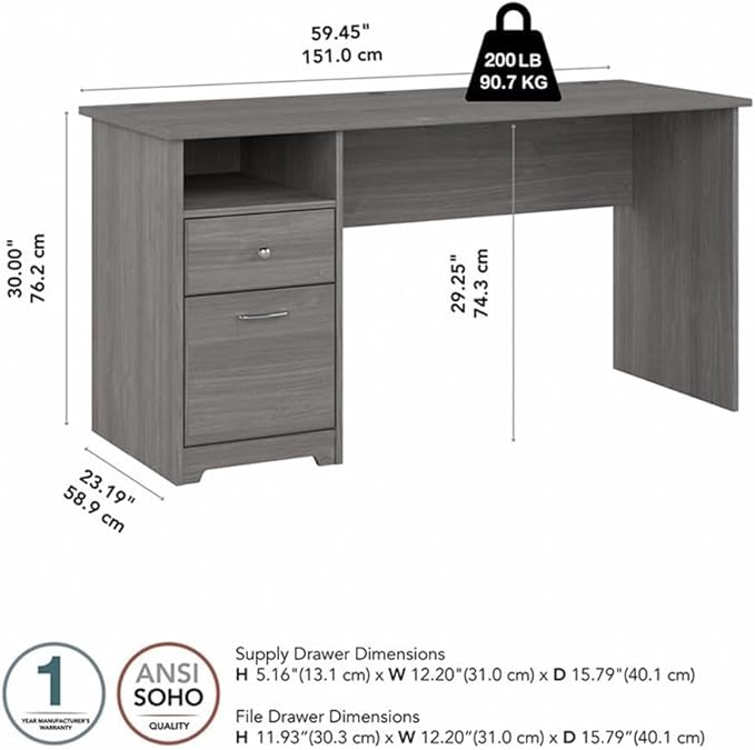Bush Home Cabot 60W Computer Desk with Drawers in Modern Gray Workstation and File Storage Desktop with Organization Solutions for Home Office
