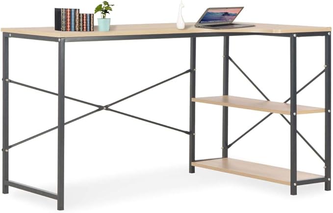 vidaXL Computer Desk Office Table with Metal Frame Home Writing Desk with Storage Shelf Monitor Standing Desk Industrial Style Black and Oak