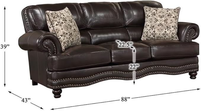 Pemberly Row Breathable Faux Leather Upholstered Sofa Brown Finish Solid Wood Frame High-Density Foam Padding Nailhead Trim Decorative Pillows Espresso Wood Feet Traditional Living Room Seating
